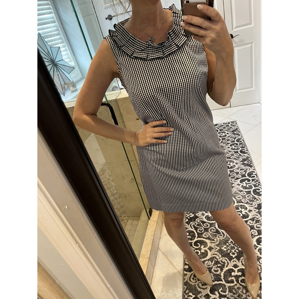Talbots Black White Gingham Checkered Ruffle Neck Sleeveless Dress 6P Petite